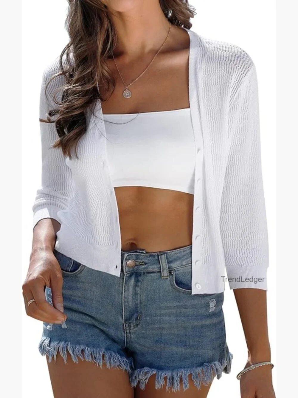 Cropped 3/4 Sleeve Knit Shrug V Neck Button Cardigan Women Summer